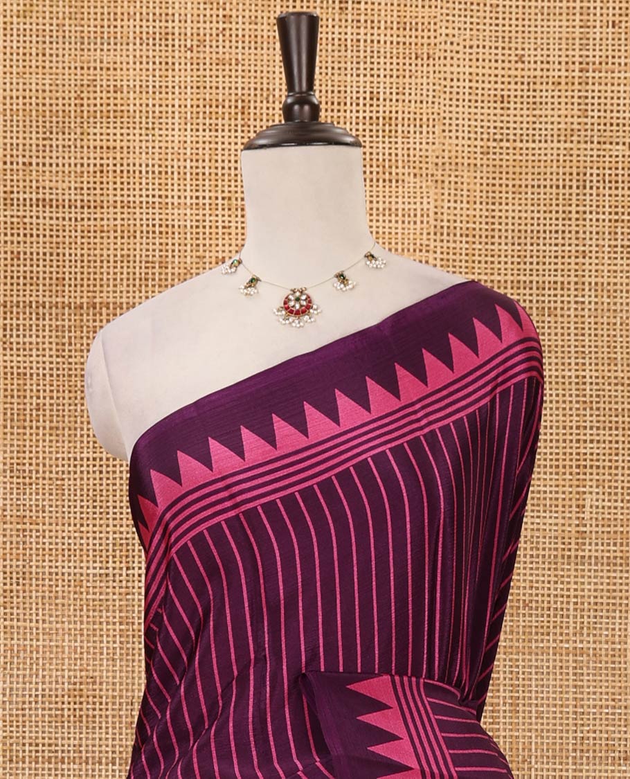 Purple vertical stripes printed Turkey crepe saree, temple printed border, geometric printed pallu & Ajrakh-printed blouse