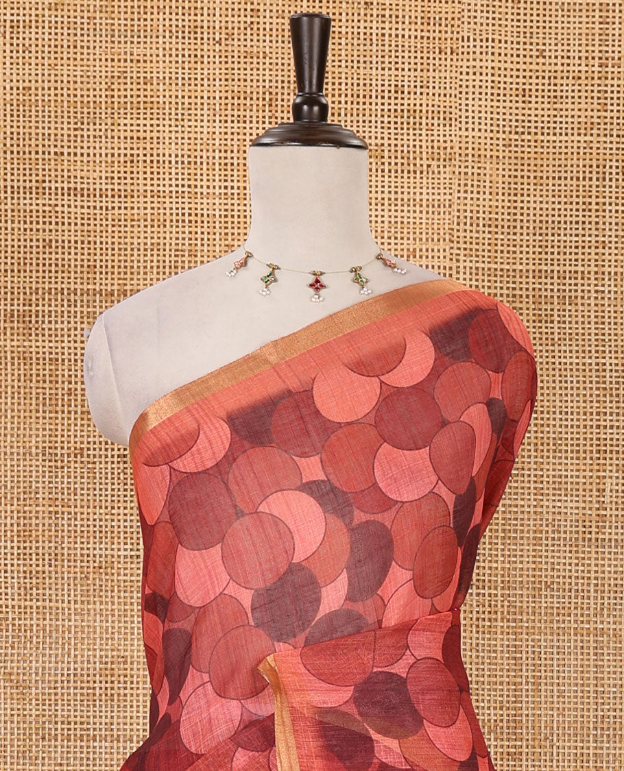 Rust polka dots printed linen cotton saree, piping border, kalamkari floral-peacock printed pallu & small polka dots printed blouse