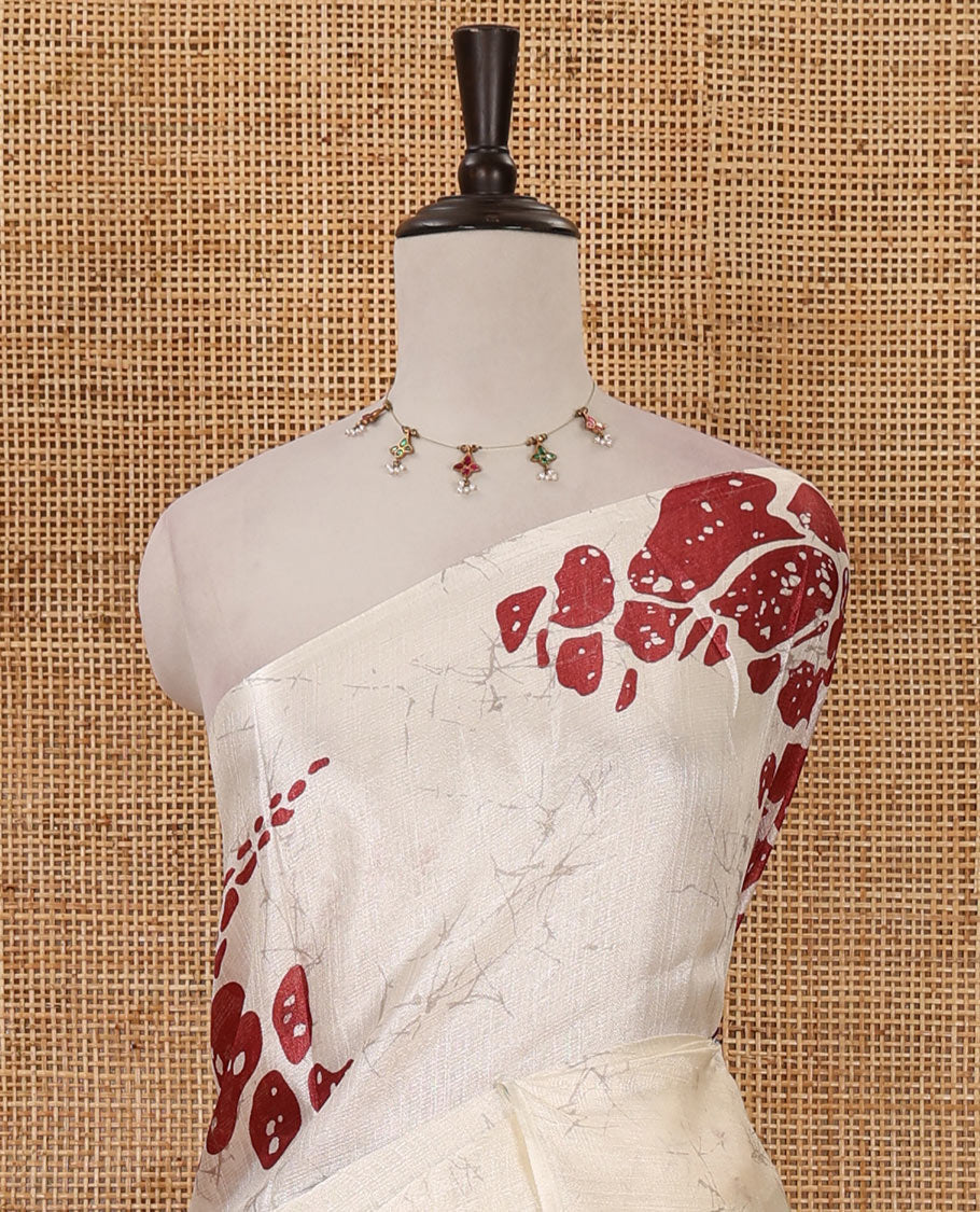 Borderless white-onion pink batik-style floral big printed khadi cotton saree, purple batik printed blouse