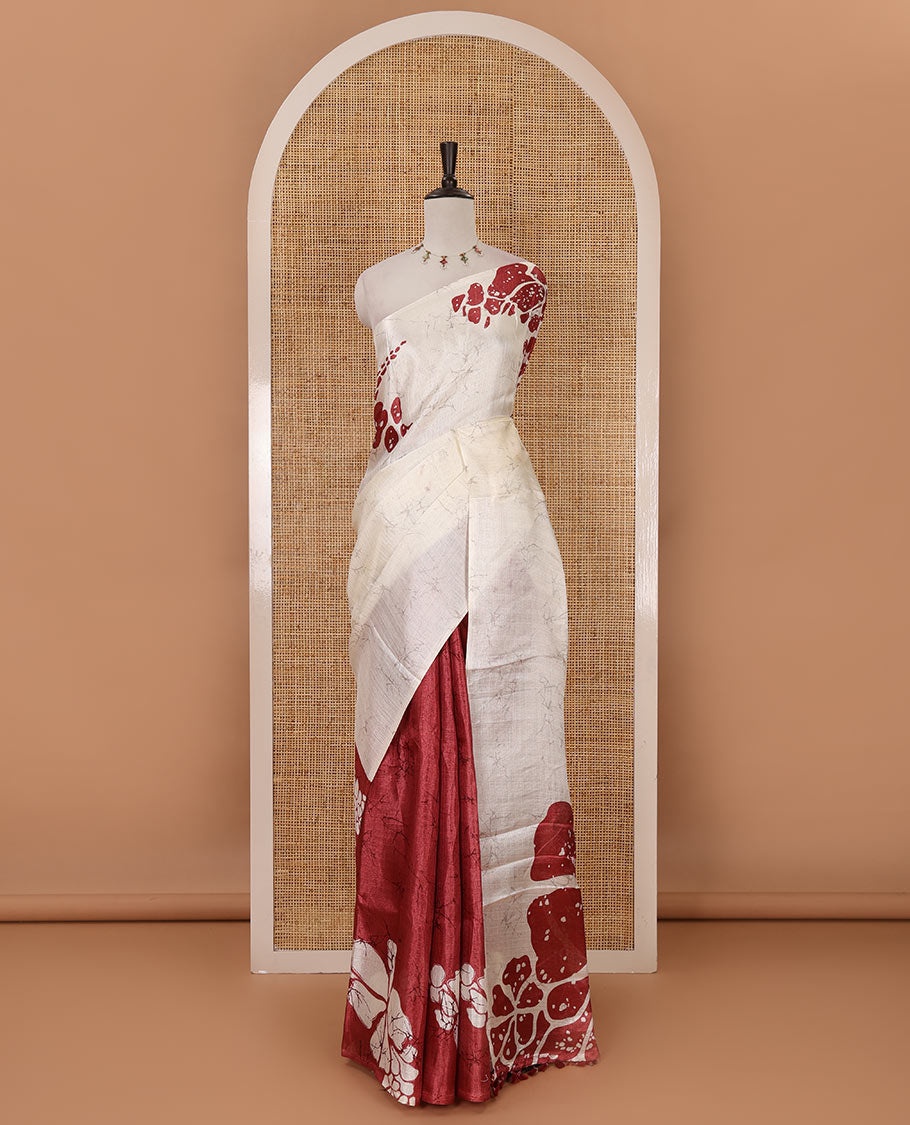 Borderless white-onion pink batik-style floral big printed khadi cotton saree, purple batik printed blouse