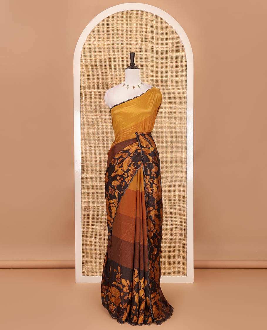 Brown ombre-colored floral printed silk crepe saree, swarovski stone work scallop border, printed pallu & printed blouse