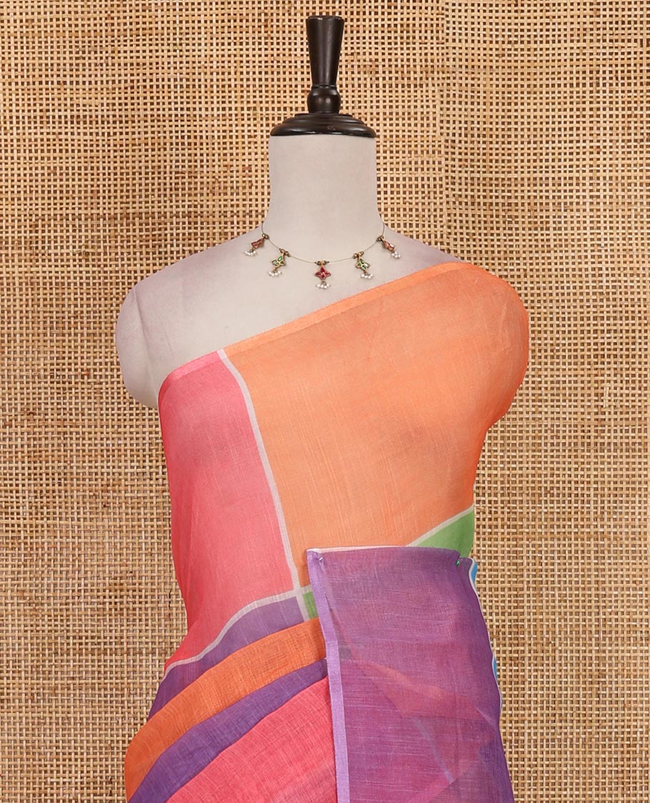Borderless multi colour colorful big checked geometric theme printed linen saree, striped pallu and contrast plain blouse