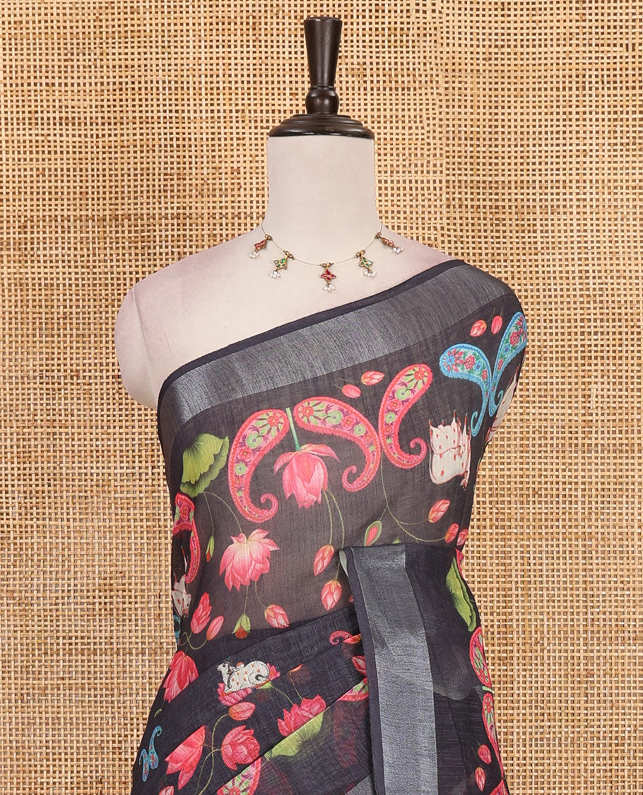 Elephant grey Pichwai Lotus, cow, and paisleys printed linen cotton saree, silver zari border, striped pallu and plain blouse
