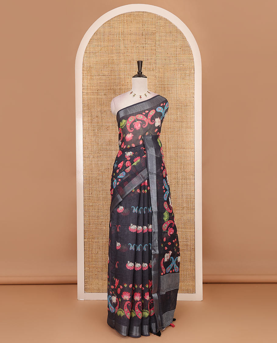 Elephant grey Pichwai Lotus, cow, and paisleys printed linen cotton saree, silver zari border, striped pallu and plain blouse