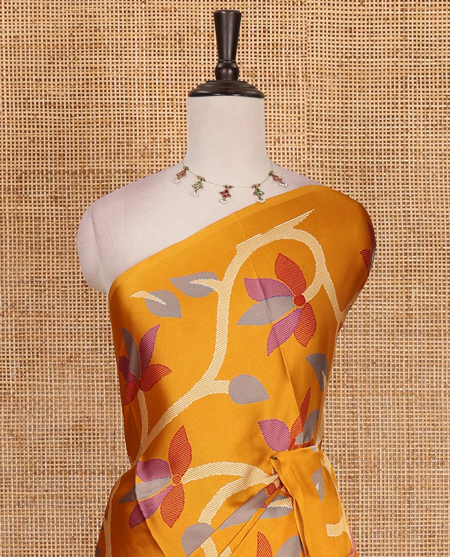 Borderless mustard jamdani weaving design gajji silk saree and jamdani design self pallu along with printed blouse