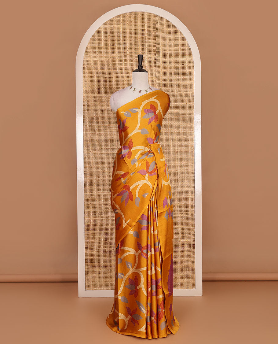 Borderless mustard jamdani weaving design gajji silk saree and jamdani design self pallu along with printed blouse