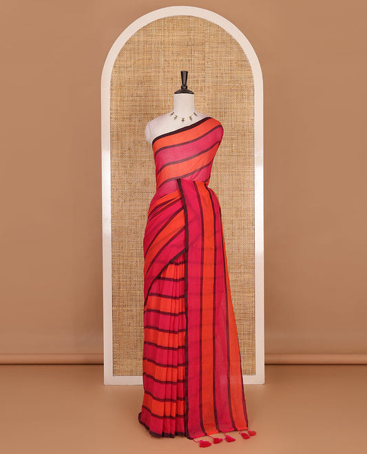 Borderless hot pink and fanta orange striped khadi mul cotton saree with matching pink-orange striped blouse