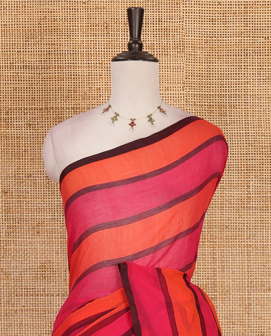 Borderless hot pink and fanta orange striped khadi mul cotton saree with matching pink-orange striped blouse