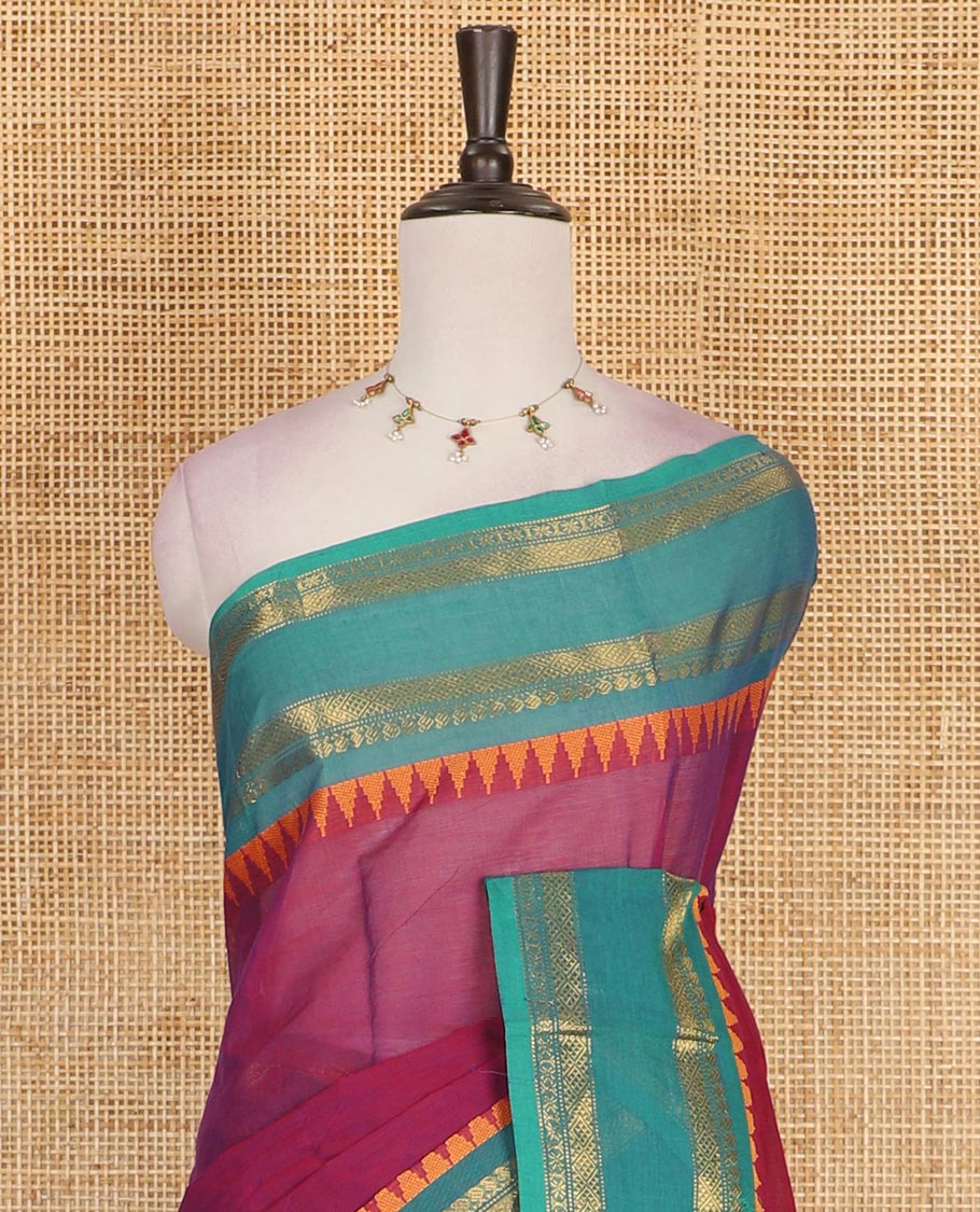Pink plain Chettinad cotton saree, contrast traditional zari rettai pettu temple border, striped pallu and plain blouse