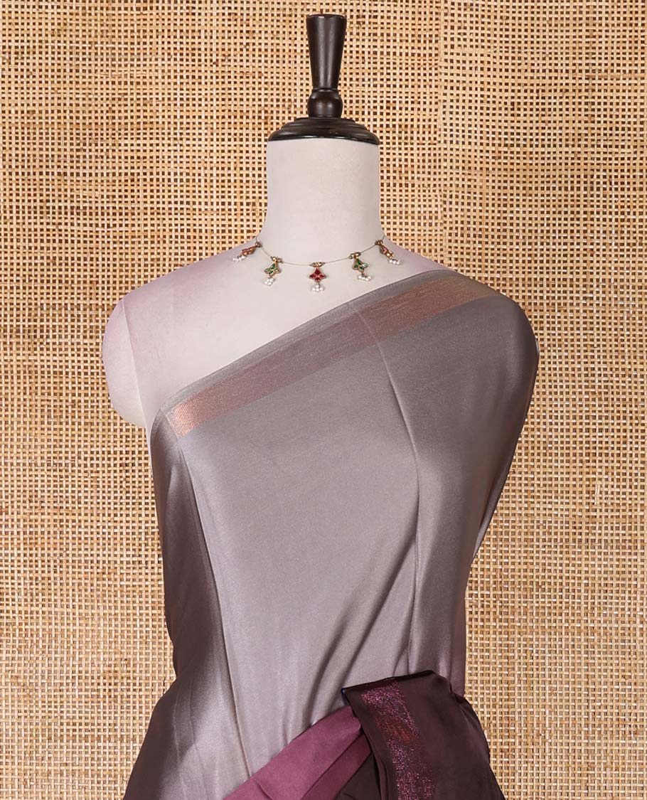 Wine ombre full-plain satin crepe saree, copper zari border, and plain blouse