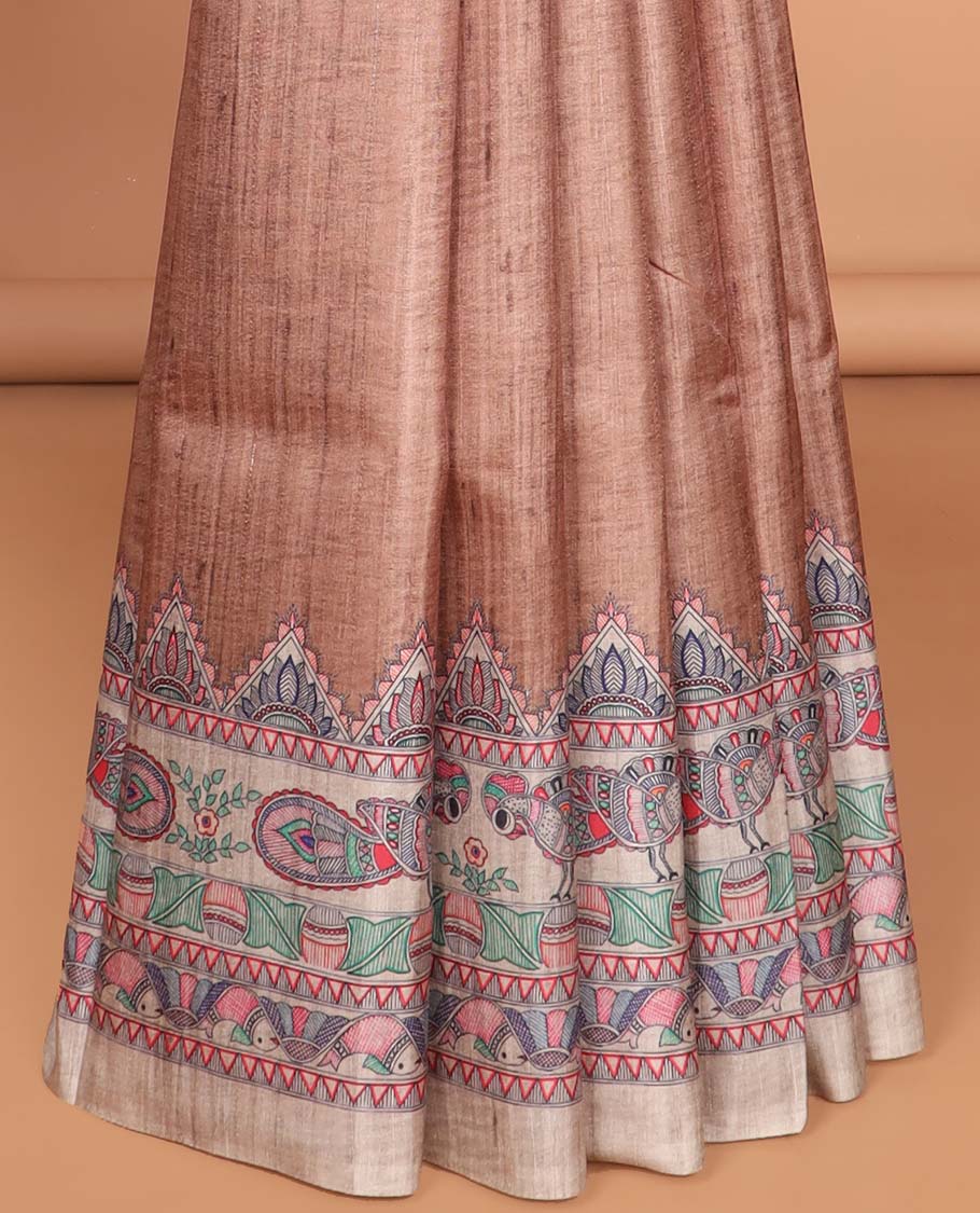 Brown plain semi tussar saree with mudhubani printed border & madhu bani printed pallu, with tussels, small flower printed blouse