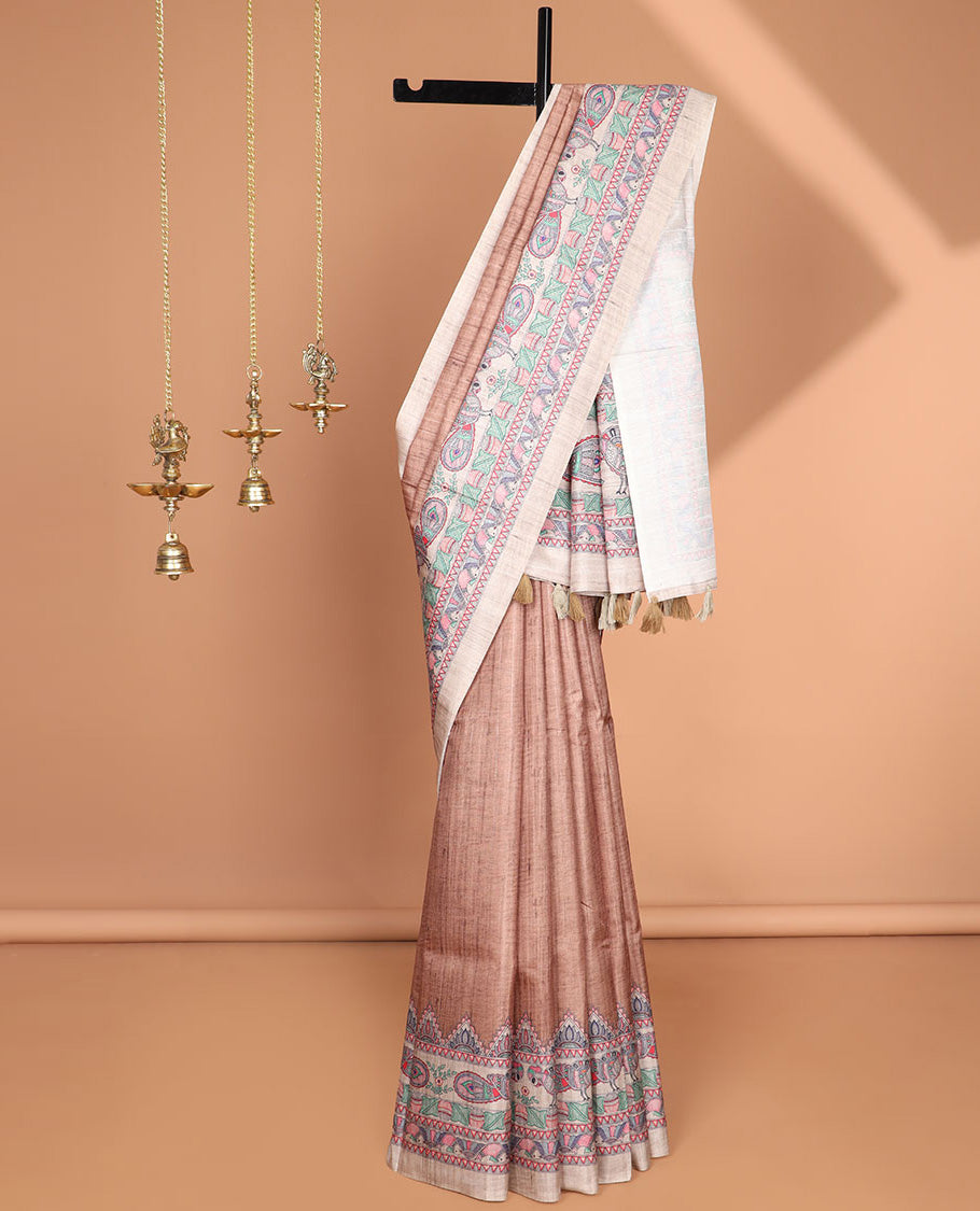 Brown plain semi tussar saree with mudhubani printed border & madhu bani printed pallu, with tussels, small flower printed blouse