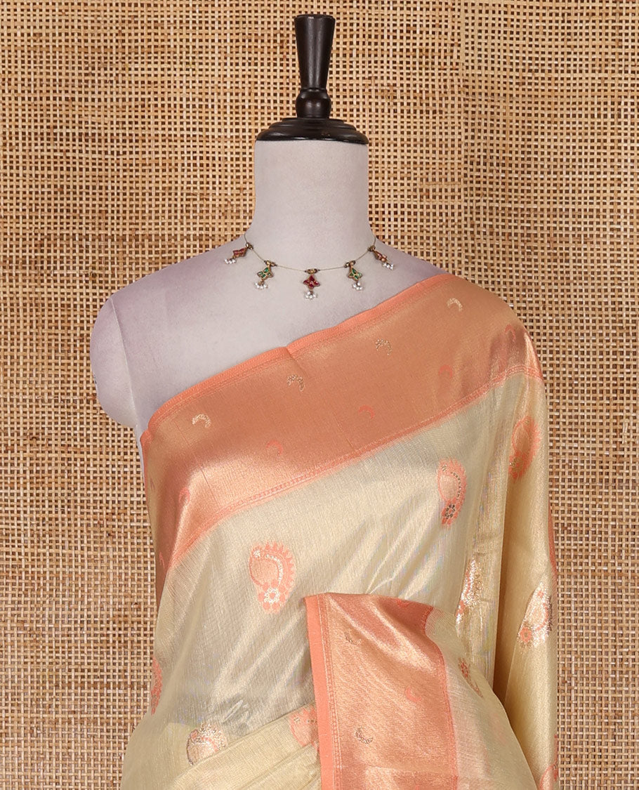 Sandal antique buttas tissue silk saree, contrast satin zari border of half-moon motifs, pallu of temple design pallu, and contrast butta blouse