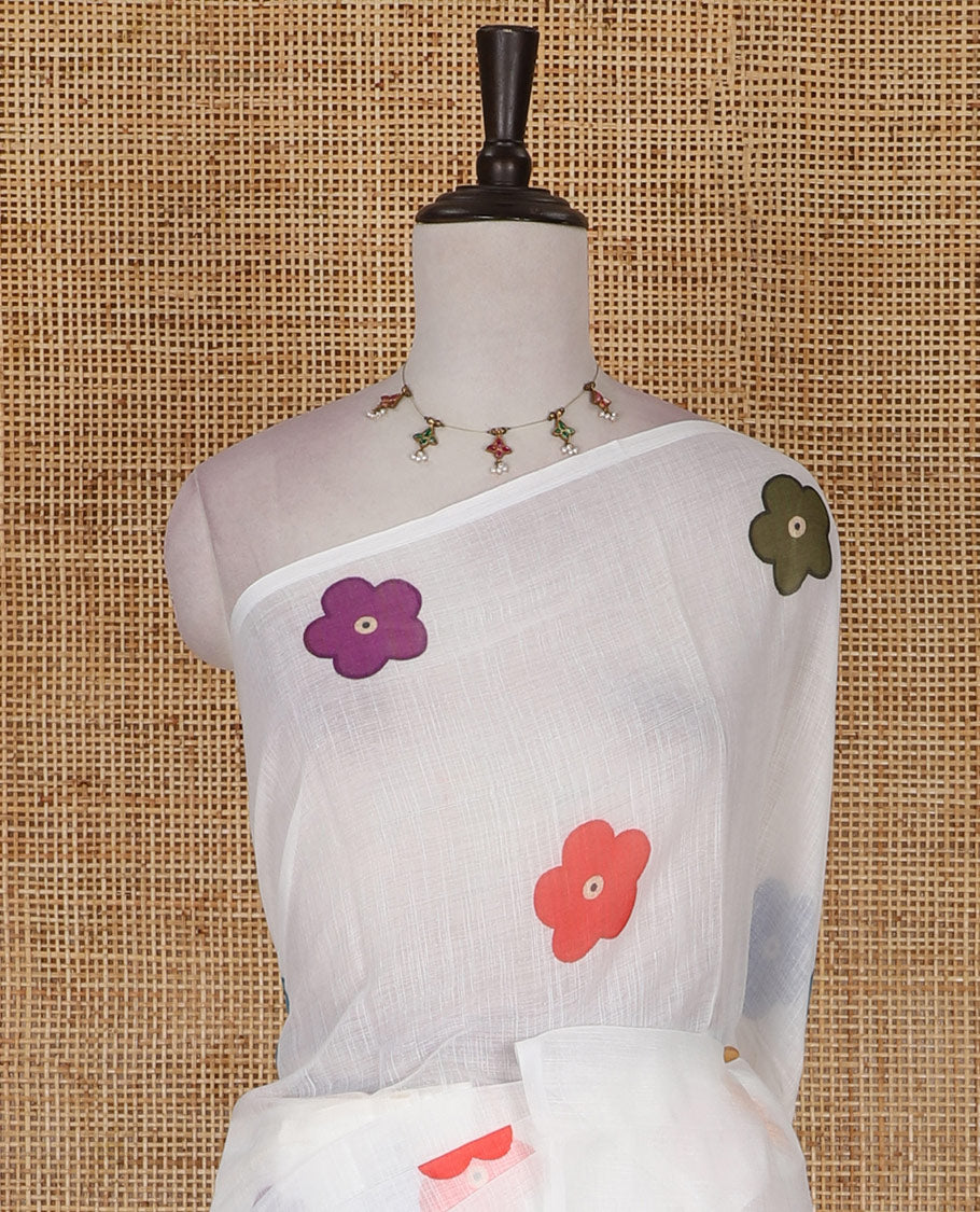 Borderless White colorful five-petal flower motifs printed linen cotton saree, multi-color striped pallu, and contrast printed blouse
