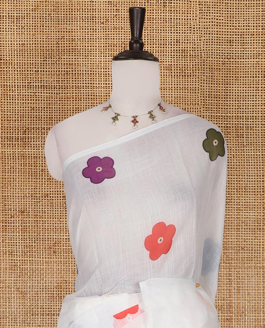 Borderless White colorful five-petal flower motifs printed linen cotton saree, multi-color striped pallu, and contrast printed blouse