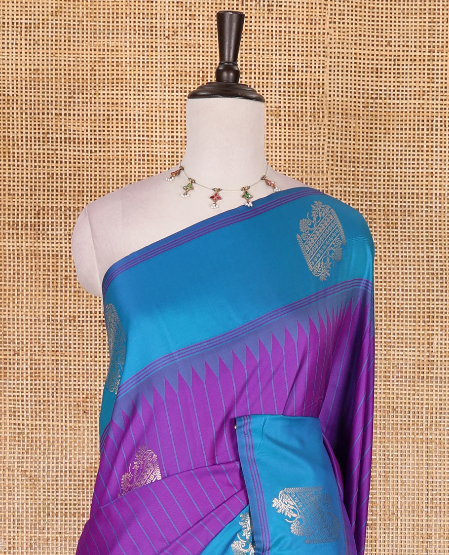 Violet striped and zari buttas Mulberry silk saree, contrast temple zari buttas border, intricate pallu, and contrast zari design blouse