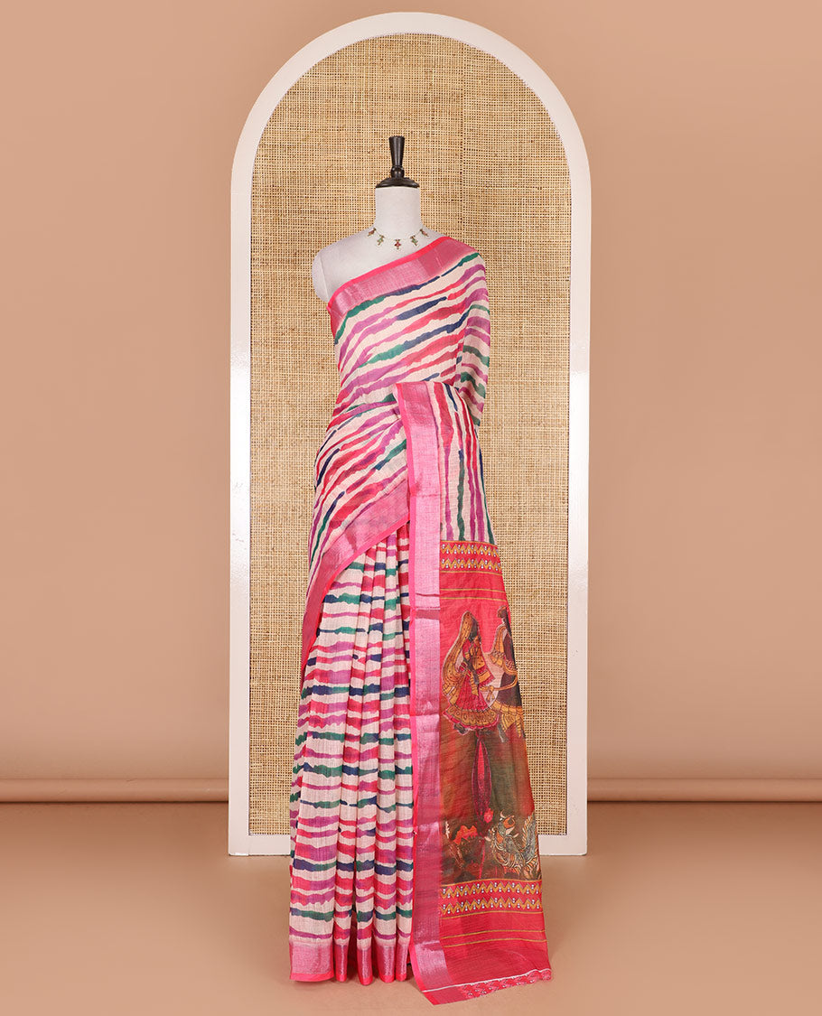 Multi-color leheriya-style stripes printed linen cotton saree, contrast bavanji border, wedding style printed pallu, and contrast printed blouse