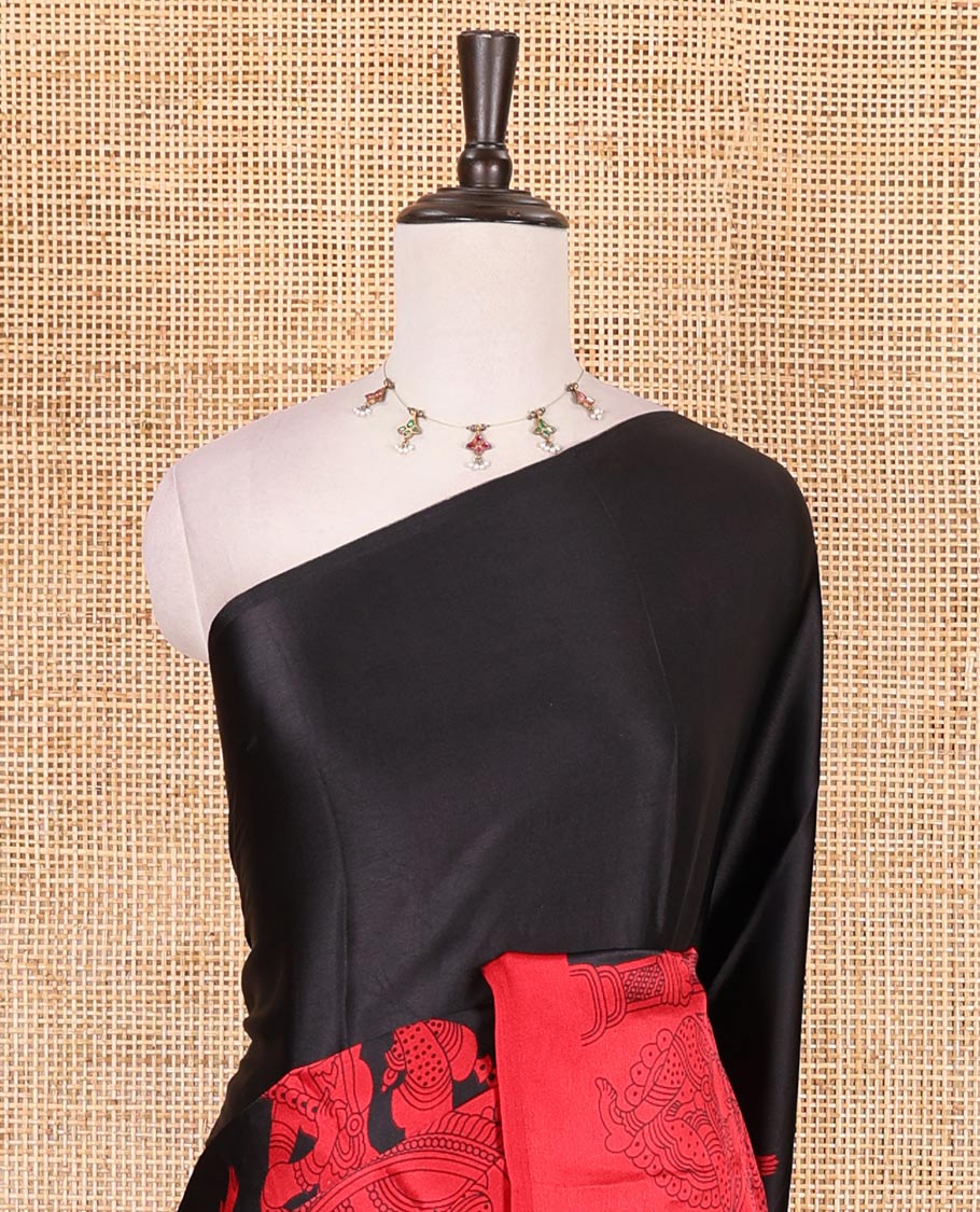 Borderless black and red colored kalamkari human figurines printed Gaji silk saree, kalamkari printed pallu and blouse