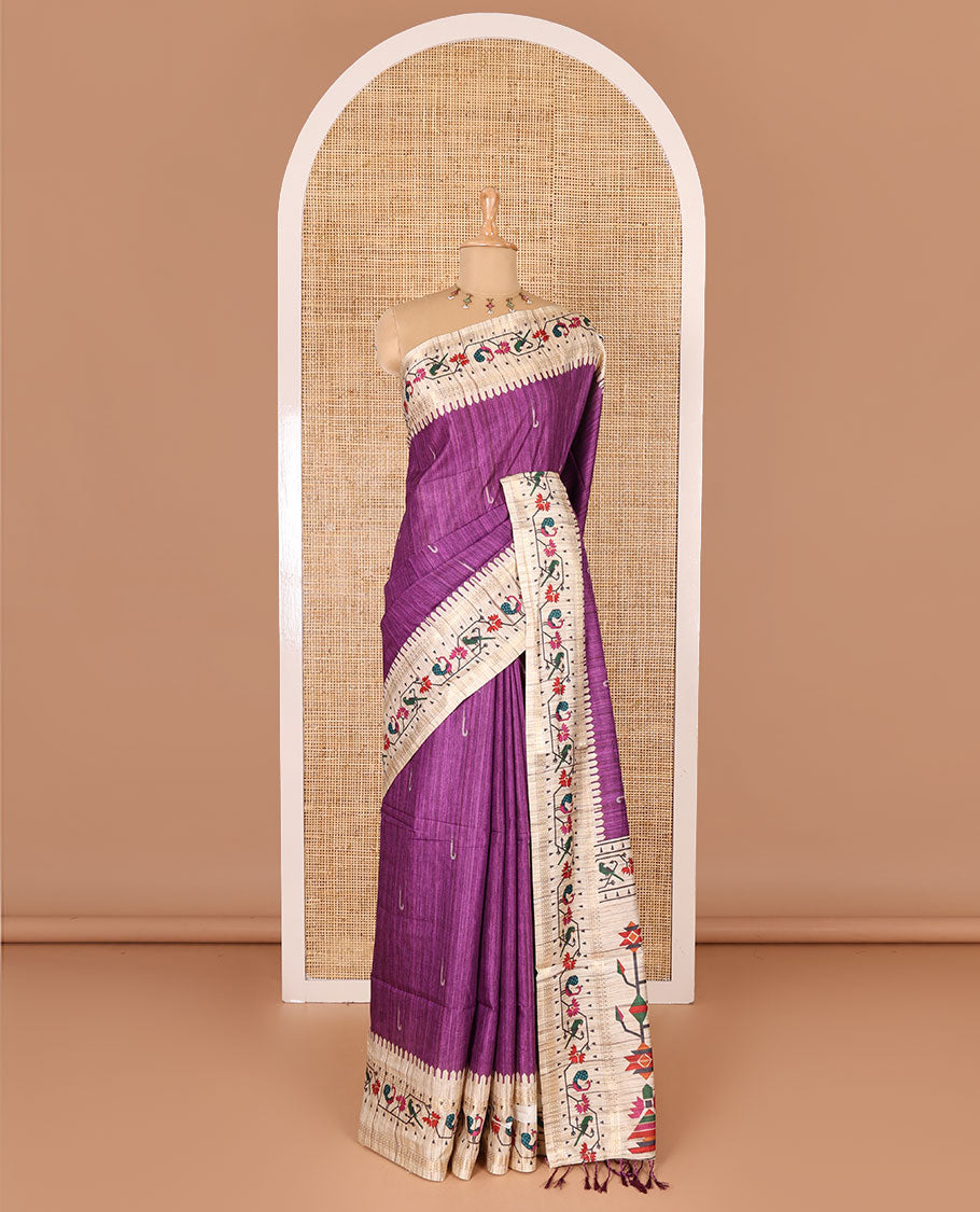 Dark violet muniya motifs katan silk saree, contrast paithani style border, pallu and blouse steeped with peacock, parrot, and floral motifs,
