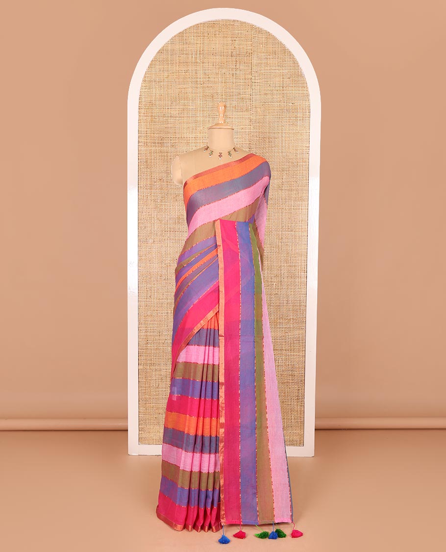 Purple rainbow-style striped Khadi mul cotton saree with piping zari border, and a matching zari striped blouse