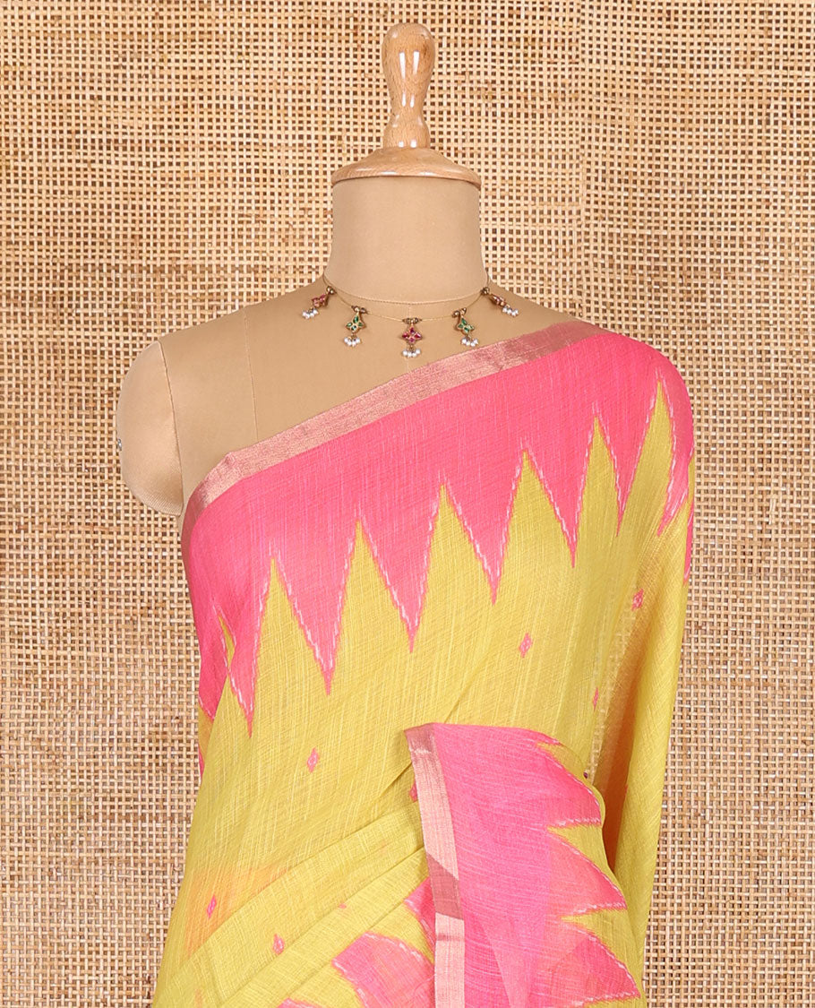 Lemon yellow small thread buttas linen cotton saree, contrast temple zari piping border, striped pallu and a contrast blouse