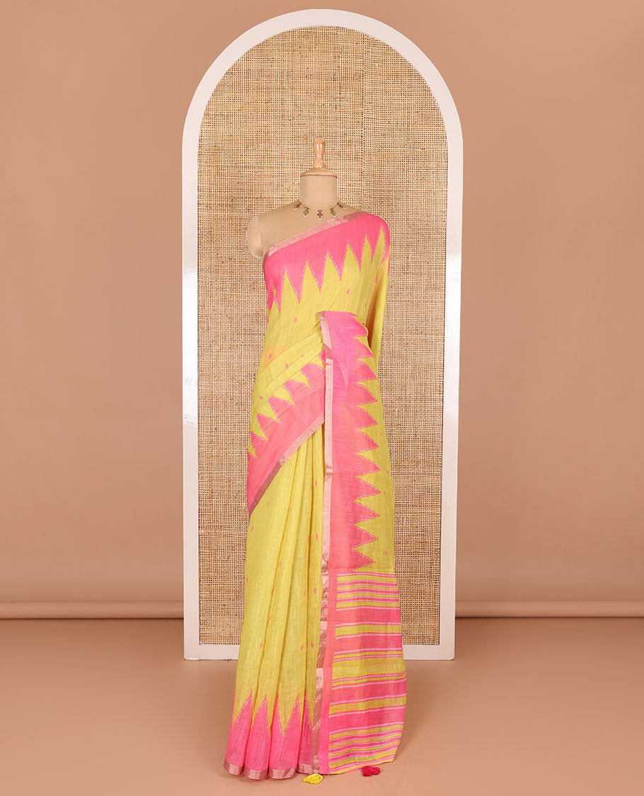 Lemon yellow small thread buttas linen cotton saree, contrast temple zari piping border, striped pallu and a contrast blouse