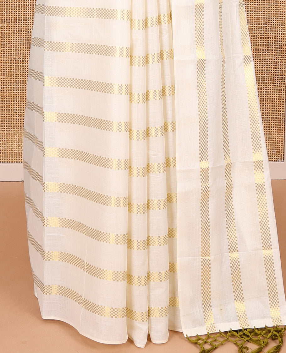 Borderless cream and olive green horizontal muthu zari striped Kerala cotton saree, self-pallu with tassels, and a matching blouse