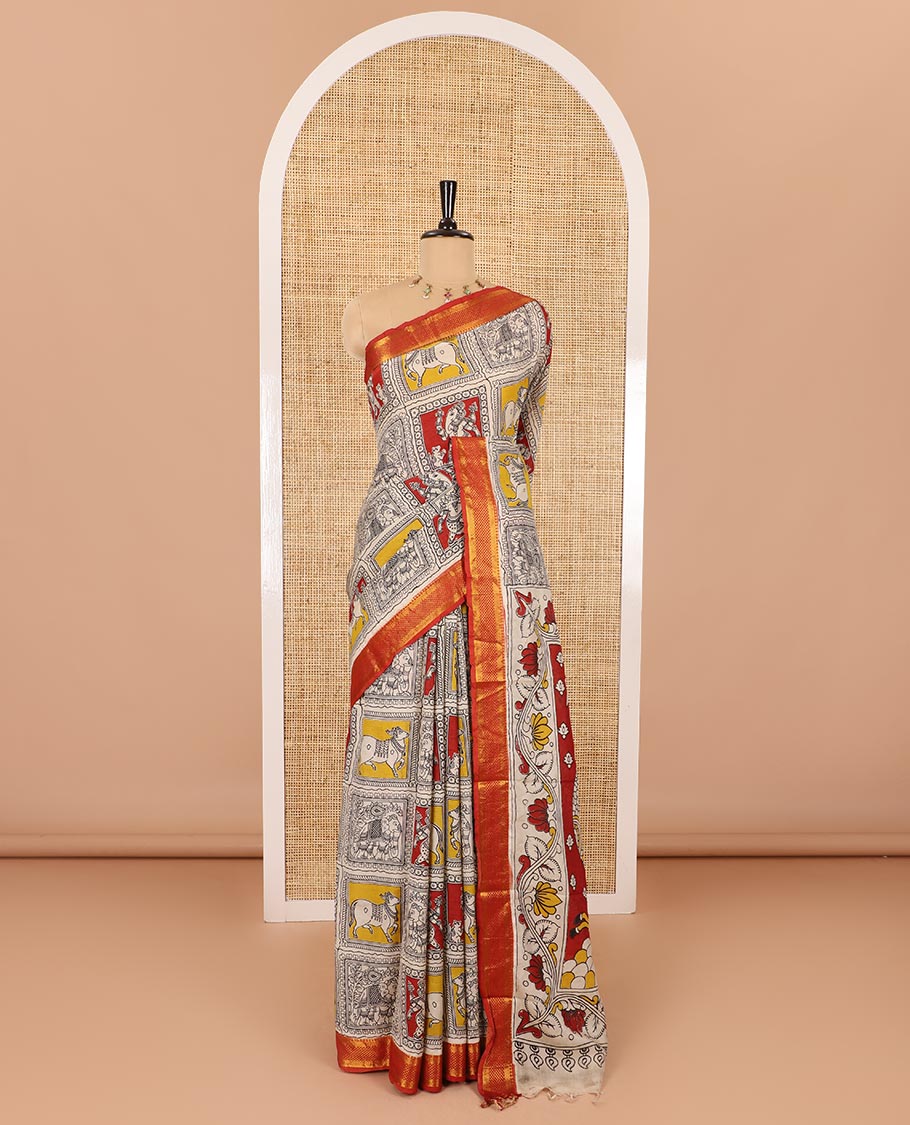 Maroon Pichwai cow, elephant, and Vinayagar motifs enclosed checked printed Mangalagiri cotton saree with contrast traditional zari borders, kalamkari printed pallu, and a floral vine printed blouse