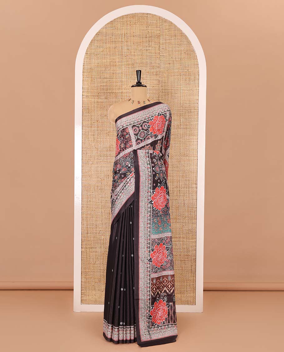 Black geometric and floral printed with mirror work masakali saree, self-border, printed and mirror work pallu, and a matching blouse