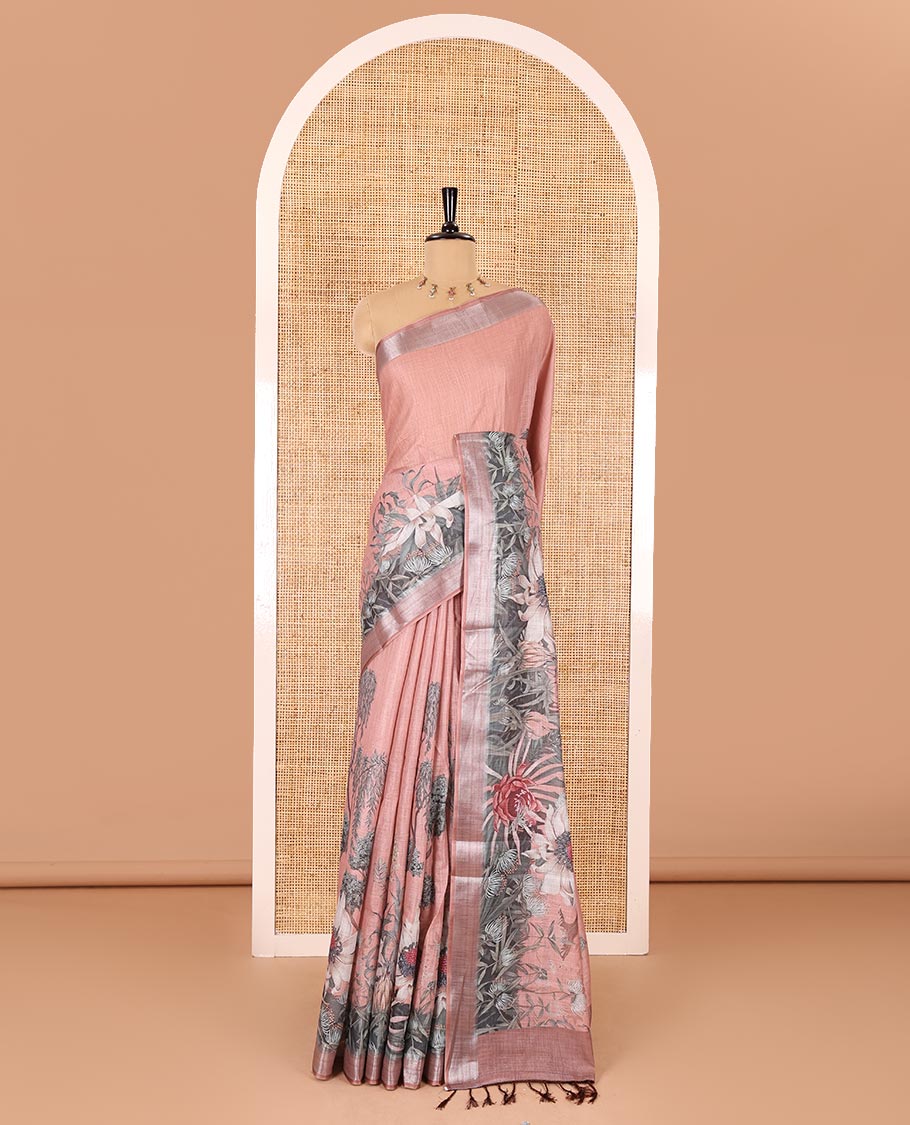 Onion pink tropical floral printed Linen cotton saree, bavanji border, tropical floral printed, and leaf motifs printed blouse