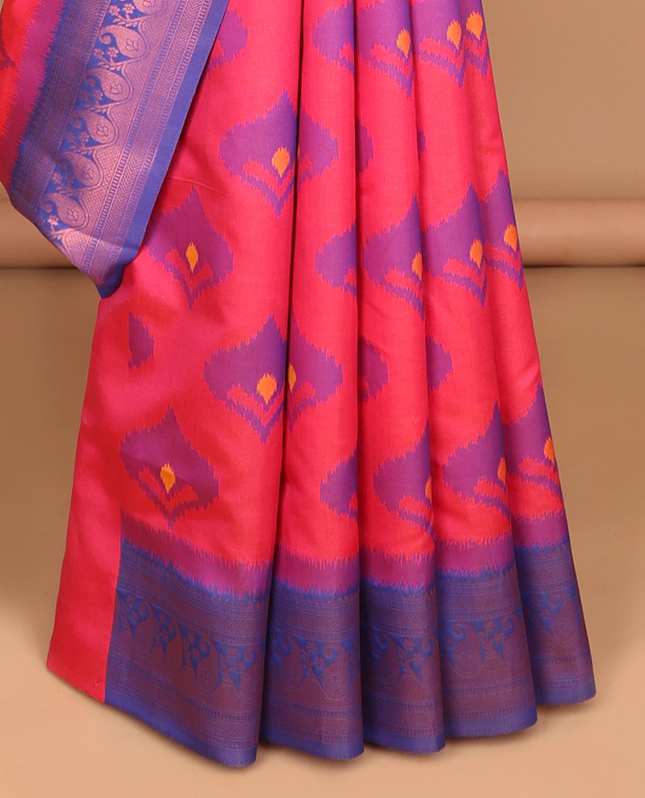 Rani pink patola design mulberry silk saree with zari border & self embosed blouse