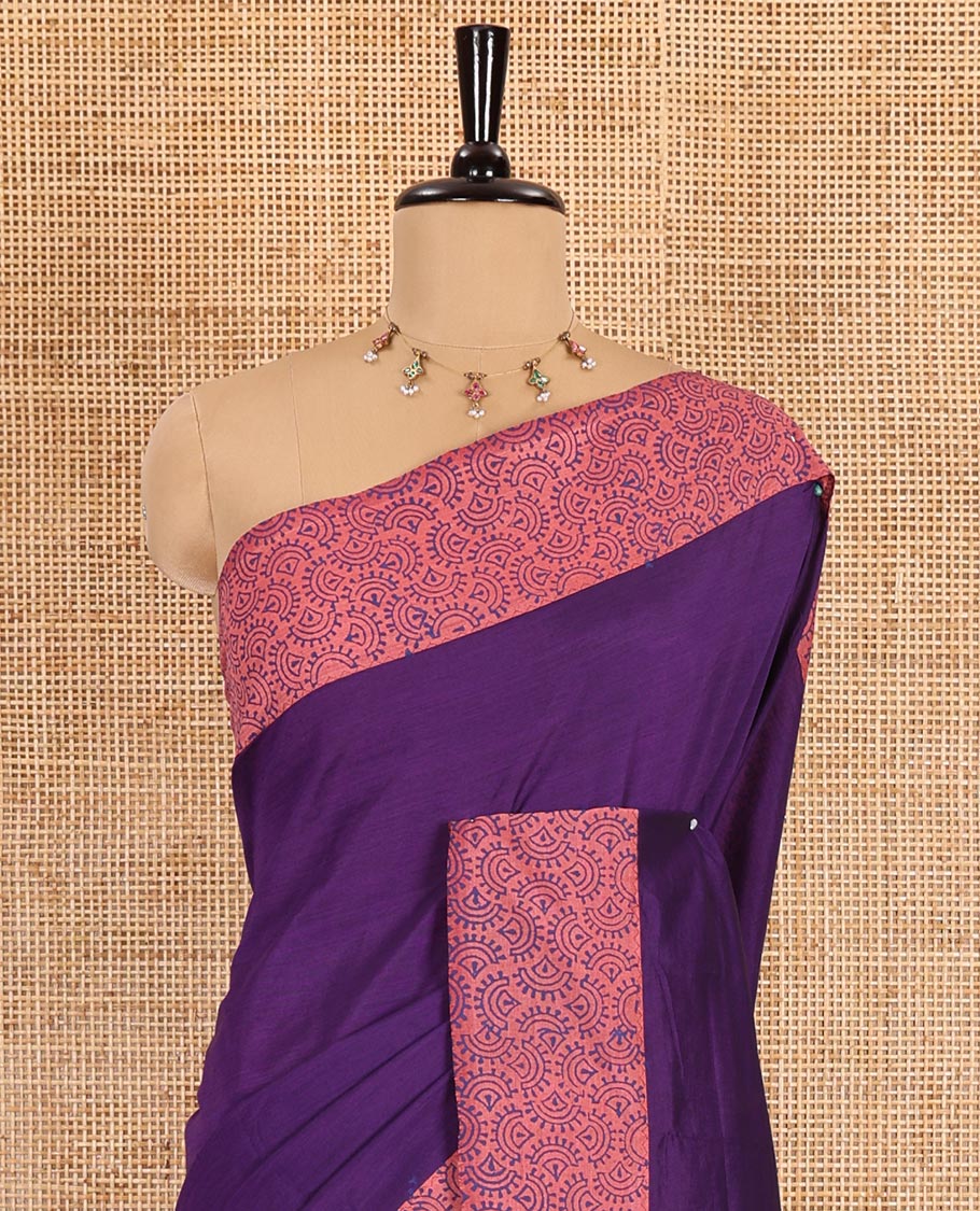 Dark violet plain South cotton saree, contrast border, and pallu of intricate print, and a block printed blosue