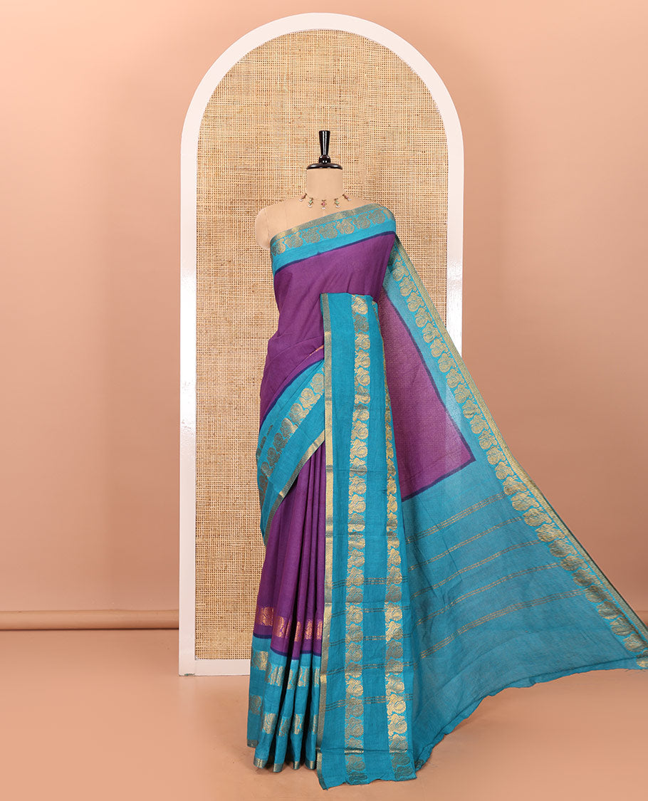 Violet plain sungudi cotton saree with contrast traditional border of peacocks, zari striped pallu, and a contrast zari checked blouse