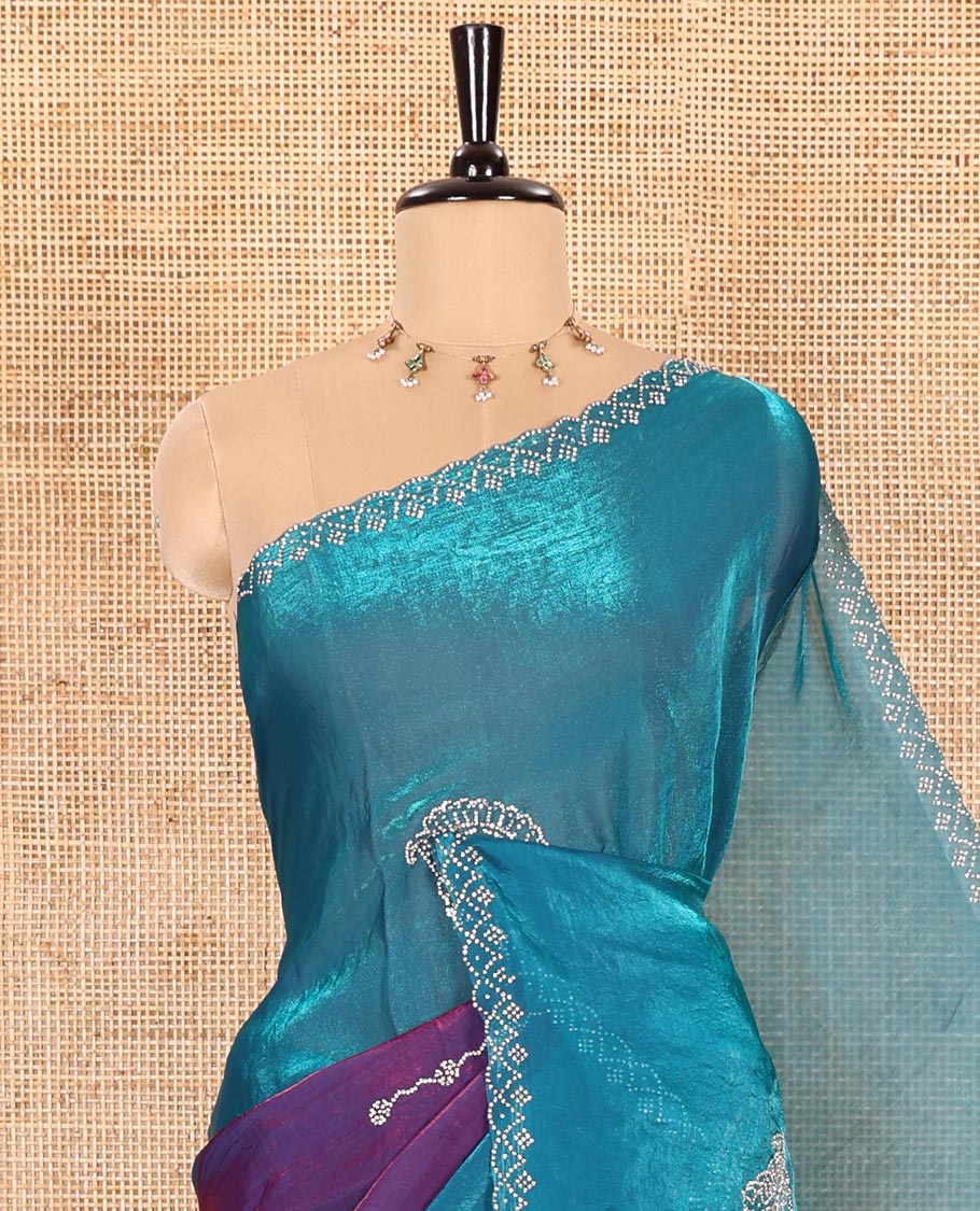 Peacock Green Fendy Chiffon Saree Featuring Elegant Stripes and Buttas Adorned with Sparkling Swarovski Stone Work, Enhanced with a Scalloped Swarovski Stone Work Border, and Paired with a Matching Blouse Embellished with Swarovski Stone Work