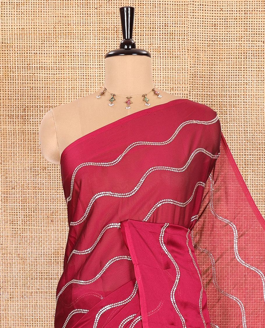 Borderless Magenta Rangoli Chiffon Saree Featuring Sequins-Embroidered Zig-Zag Stripes Woven Across Its Body and Pallu, Comes Without a Blouse
