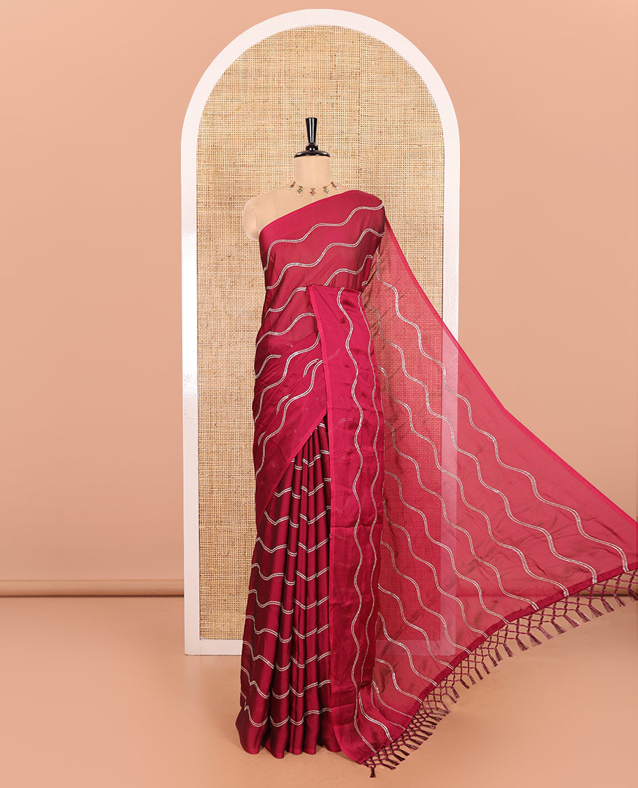 Borderless Magenta Rangoli Chiffon Saree Featuring Sequins-Embroidered Zig-Zag Stripes Woven Across Its Body and Pallu, Comes Without a Blouse