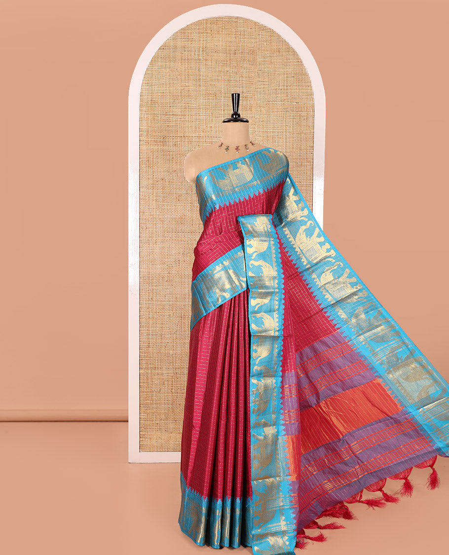 Purple Semi-Taffeta Saree, Accentuated with Medium-Zari Checks All Over Its Body, Complemented by Contrast Temple Border Featuring Elephant Motifs, Contrast Checked Pallu, and Paired with a Matching Blouse