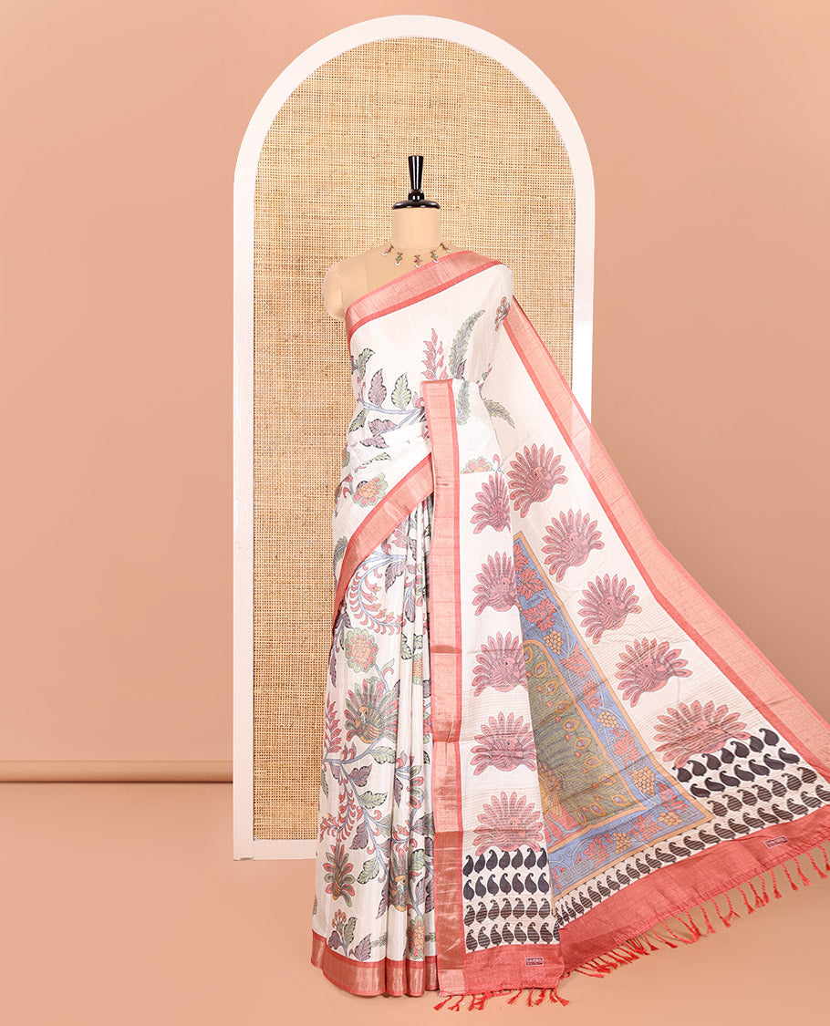 Cream Manipuri Silk Saree Ornamented with Kalamkari Floral and Peacock Prints All Over Its Body, Complemented by a Contrast Zari Border, Pallu Depicts a Big Peacock and Paisleys, and Paired with a Contrast Printed Blouse