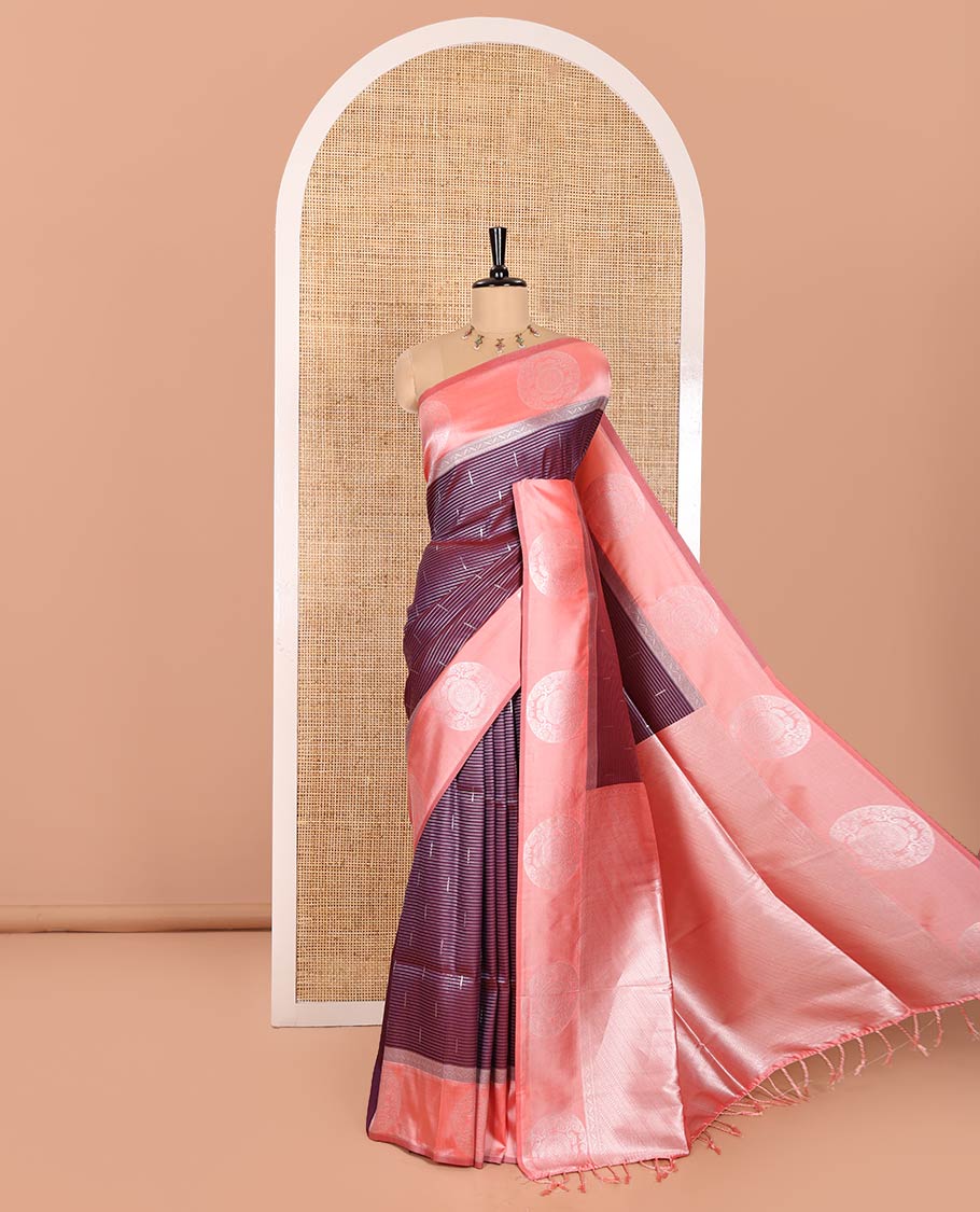 Wine Elite Soft Silk Saree Decked up with Vaira Oosi and Zari Buttas All Over Its Body, Complemented by a Contrast Border Featuring Chakram Motifs, Subtly Sparkled Pallu, and Paired with a Contrast Blouse