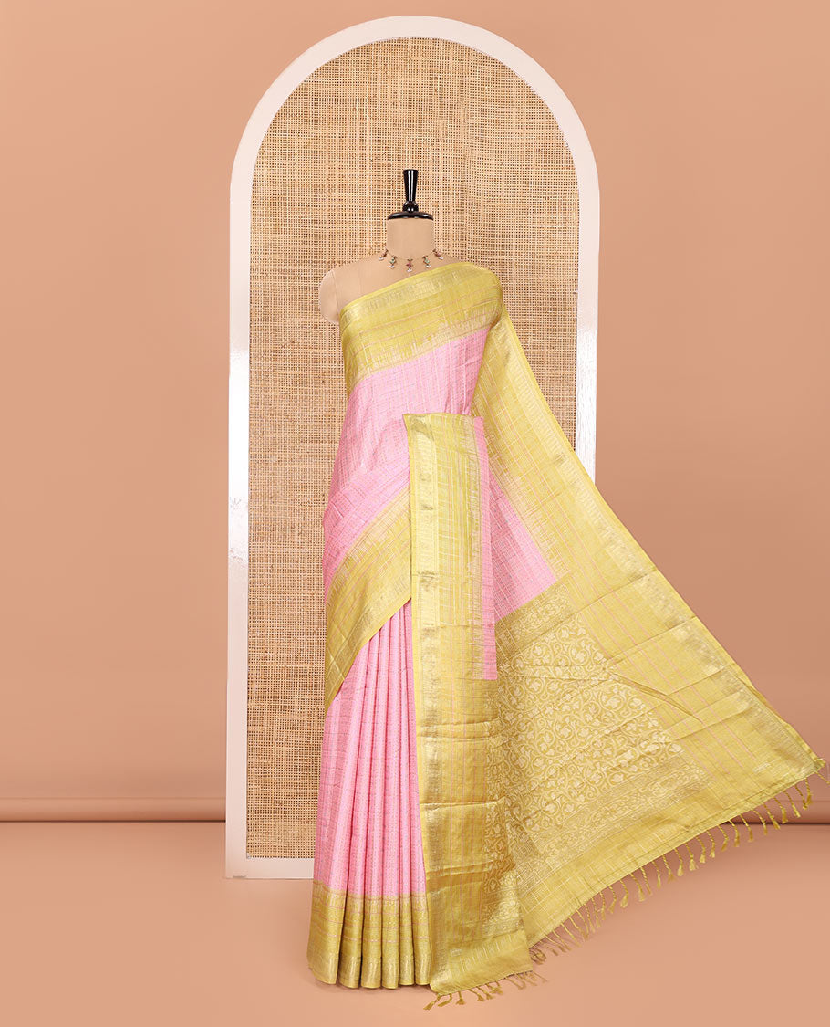 Pink Manipuri Silk Saree, Subtly Sparkled with a Checked Design on Its Body, Complemented by a Contrast Zari Checked Border, Pallu Pictures Floral Jaal Designs, and Paired with a Contrast Blouse