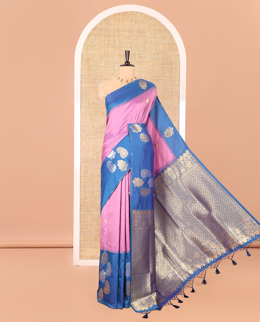 Pink Elite Soft Silk Saree, Embellished with Zari Buttas All Over Its Body, Complemented by Contrast Border Steeped with Zari Buttas, Grand Jaal Design Pallu, and Paired with a Contrast Blouse