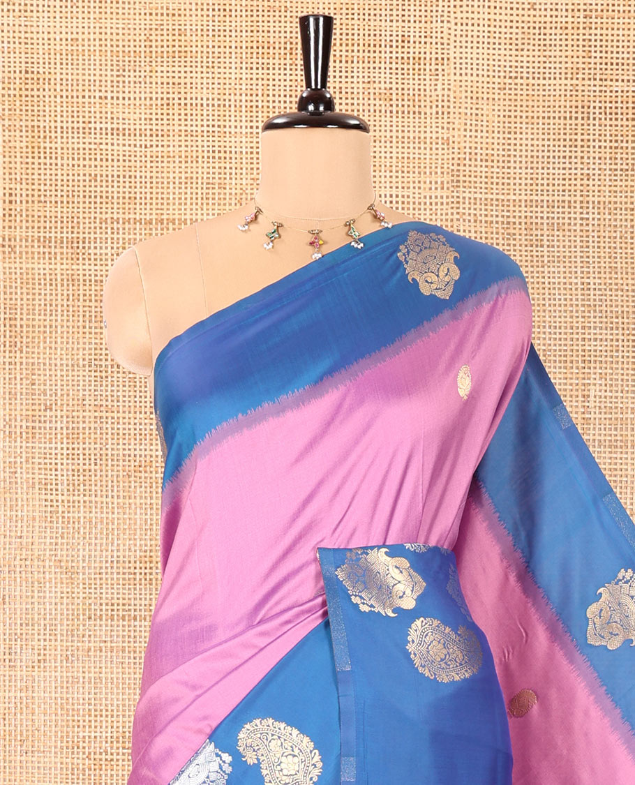 Pink Elite Soft Silk Saree, Embellished with Zari Buttas All Over Its Body, Complemented by Contrast Border Steeped with Zari Buttas, Grand Jaal Design Pallu, and Paired with a Contrast Blouse