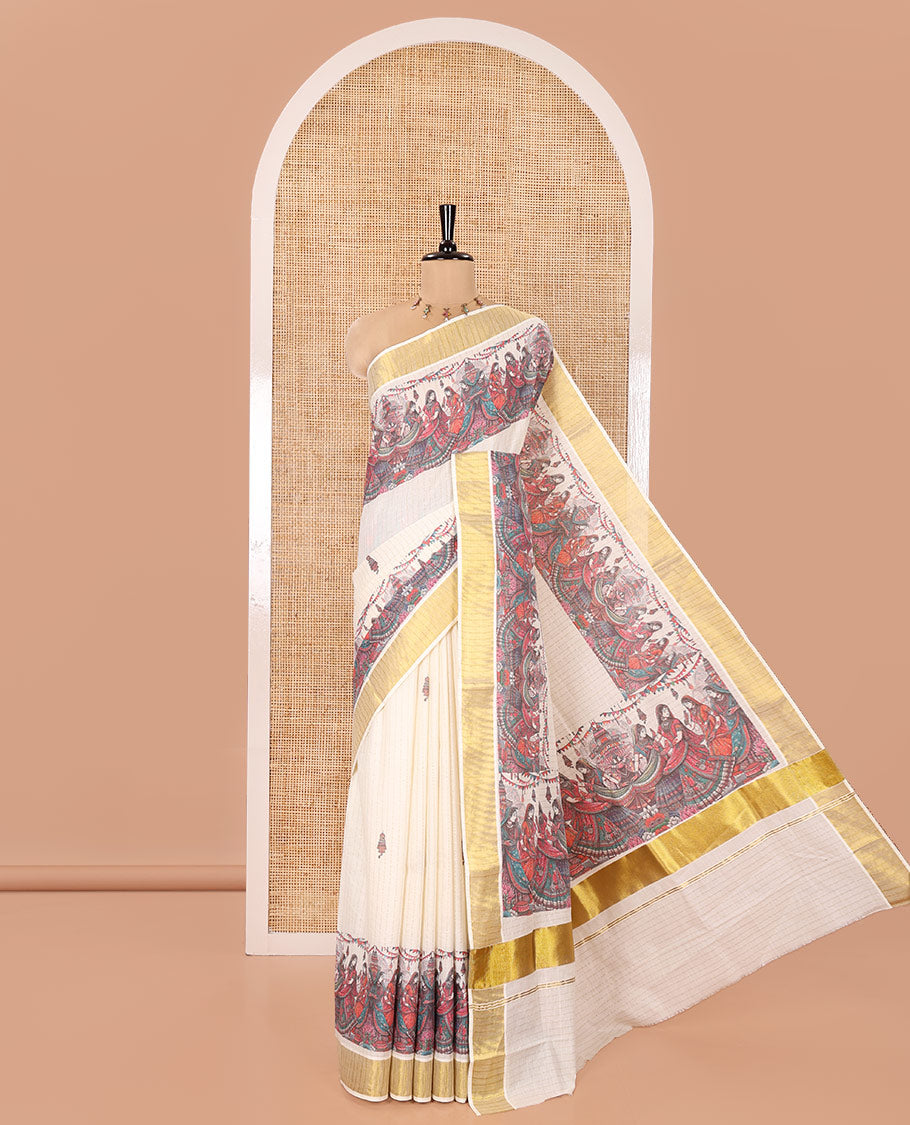 Half-White Kerala Cotton Saree, Artfully Detailed with Dancing Human Figurines Printed on Its Body, Highlighted by a Zari Border, Pallu Pictures the Same Print, and Paired with a Matching Printed Blouse