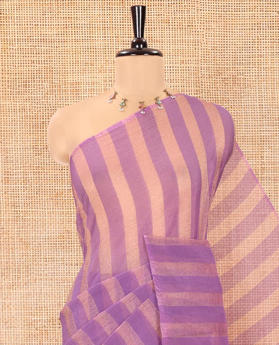 Borderless Lavender Light Weight Chiffon Saree, Gleamed Up with Vertical Stripes All Over Its Body, Subtle Self-Pallu, and Paired with a Matching Blouse