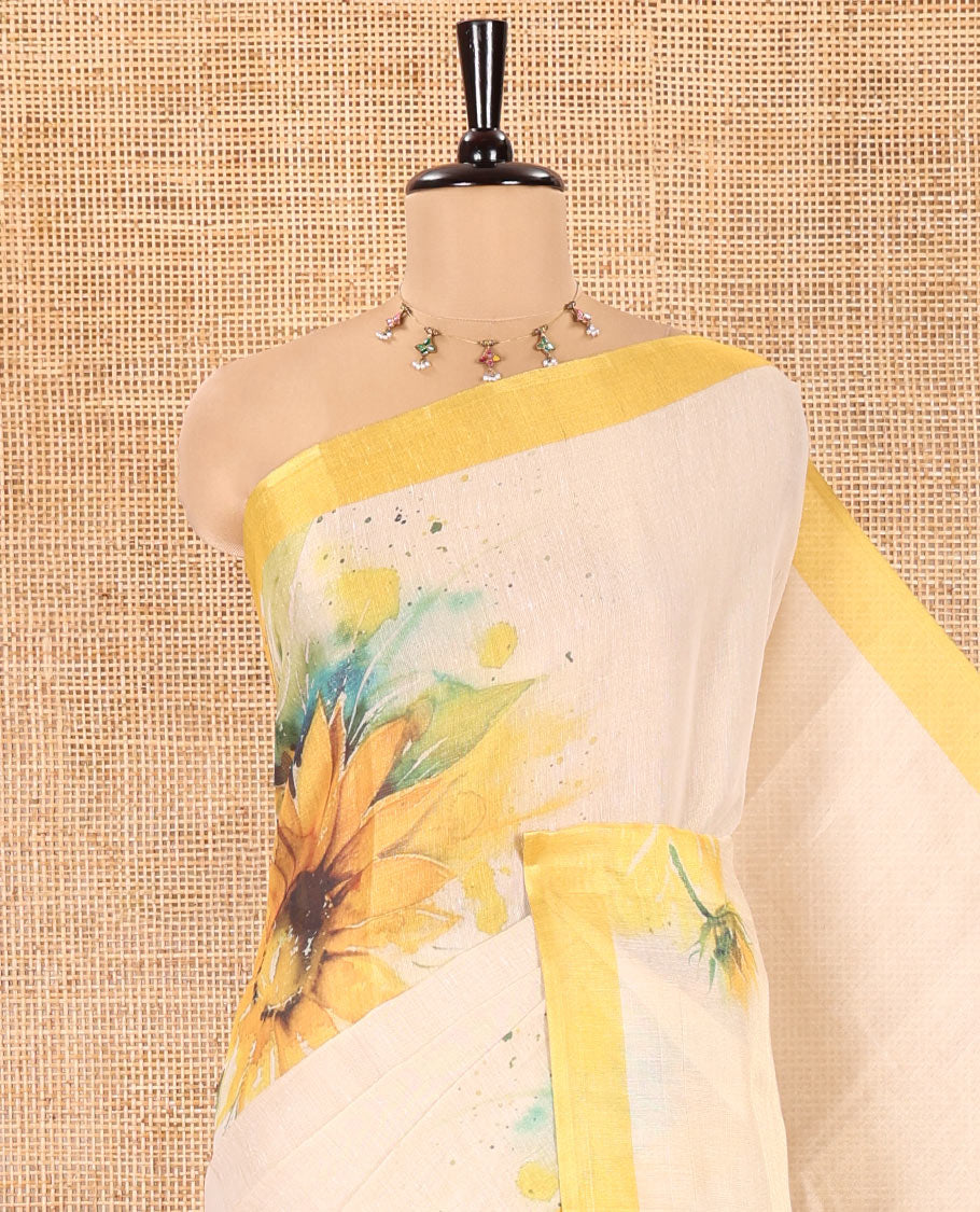 Cream Tissue Saree, Artfully Printed with SunFlower Motifs Printed On Its Body, Complemented by Contrast Border, Pallu Pictures Sunflower Motifs Print, and Paired with a Contrast Blouse