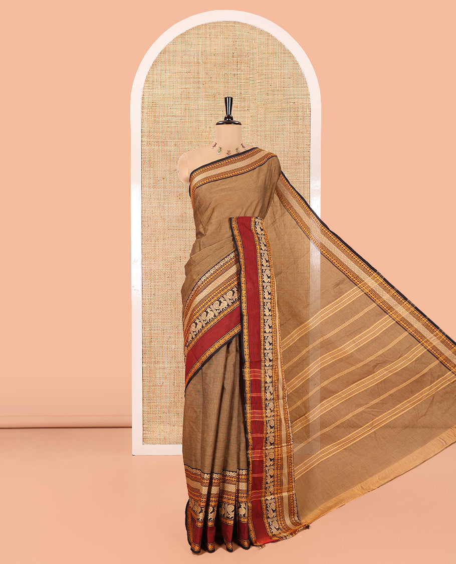 Light Brown Plain Chettinad Cotton Saree, Complemented by a Contrast Traditional Design Rettai Pettu Border of Peacock Designs, Subtly Striped Pallu, and Comes Without a Blouse