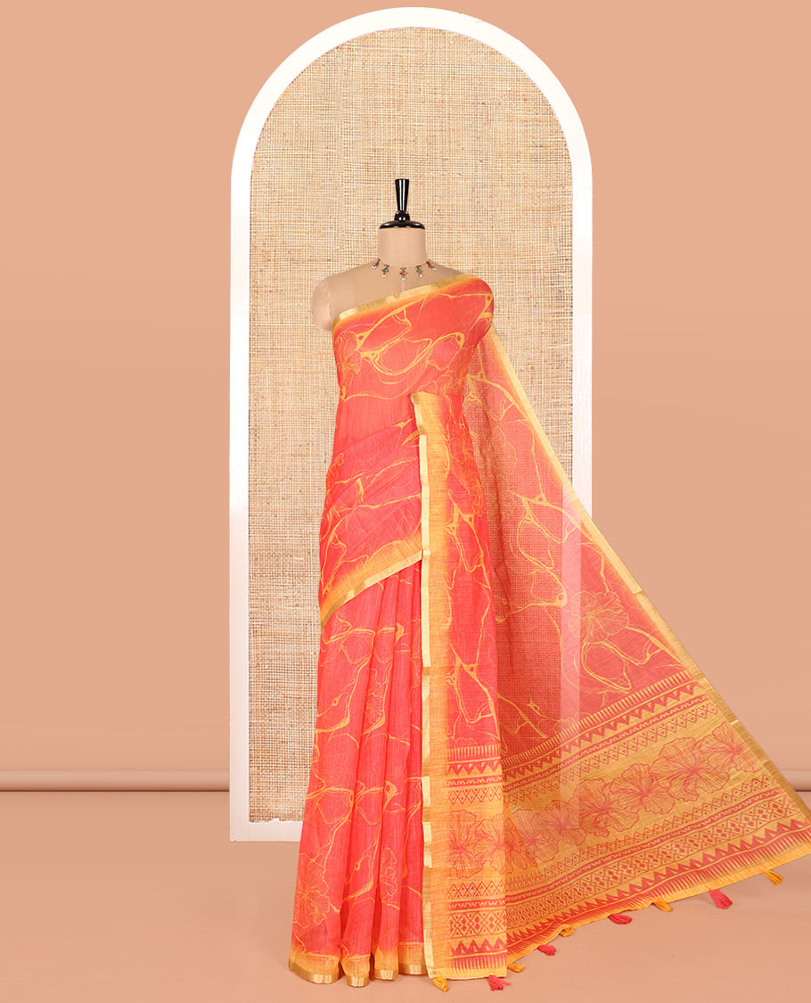 Red Linen Cotton Saree, Elevated with Abstract Floral Print On Its Body, Subtle Piping Border, Pallu of Floral and Geometric Print, and Paired with a Contrast Blouse