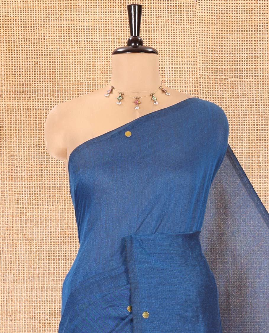 Borderless Blue Khadi Mul Cotton Saree, Adorned with Sequins Work All Over Its Body, Complemented by Contrast Pallu of Sequins Work and Paired with a Contrast Blouse
