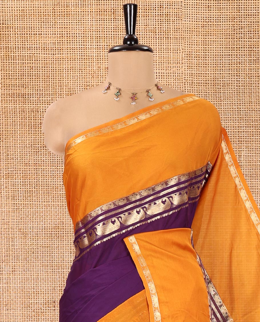 Violet Plain Art Mysore Silk Saree, Complemented by Captivating Contrast Rettai Pettu Traditional Border of Elephant Zari Buttas, Striped Pallu, and Paired with a Contrast Blouse