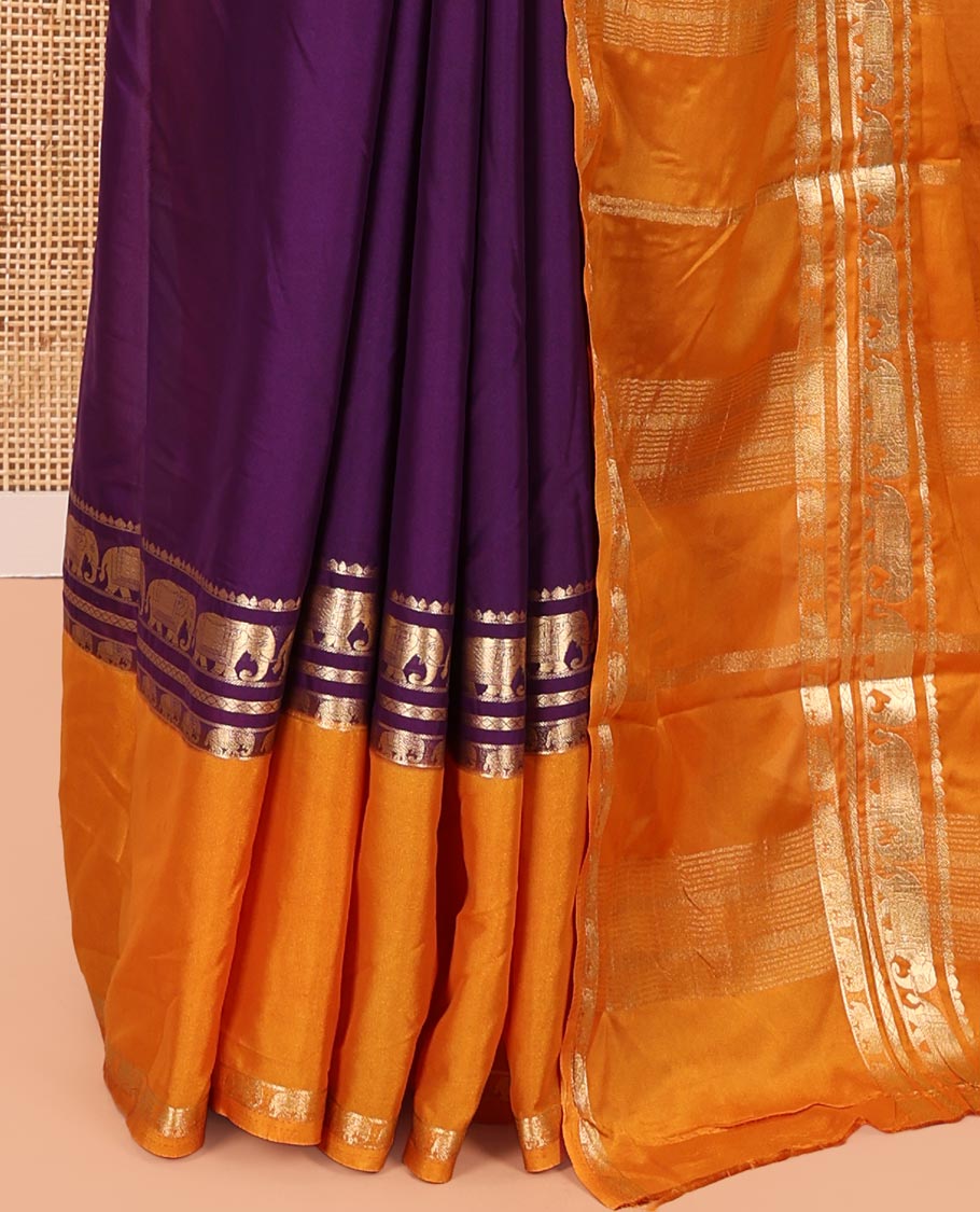Violet Plain Art Mysore Silk Saree, Complemented by Captivating Contrast Rettai Pettu Traditional Border of Elephant Zari Buttas, Striped Pallu, and Paired with a Contrast Blouse